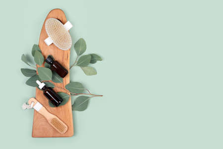 Essential oils and massage brushes with natural eucalyptus leaves on green background. Beauty products, massage tools, facial skin care, spa beauty treatment concept. Flat lay, copy space.の写真素材