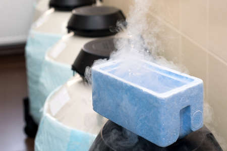 Liquid Nitrogen bank containing sperm and eggs samples. Modern laboratory equipment used in the in vitro fertilization process. IVF treatment. Artificial insemination clinicの写真素材