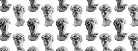 Pattern from gypsum statue of Davids head. Michelangelos David statue plaster copy isolated on white background. Ancient greek sculpture, statue of hero, bannerの写真素材