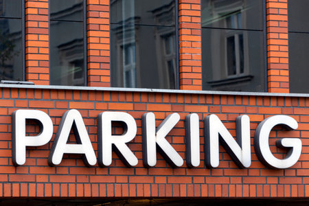 Entrance to the parking building. Word "PARKING" on the wallの写真素材