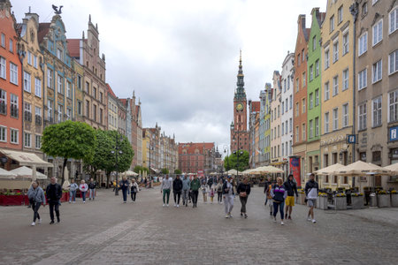 Gdansk, Poland - May 22, 2022: Historic Old Town of Gdansk in Poland, restaurants, cafes and touristic stores in rainy weatherのeditorial素材