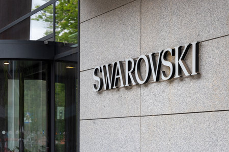 Gdansk, Poland - MAY 22 2022. Swarovski store logo, Austrian producer of crystal, lead glass. Swarovski is a designer, manufacturer and retailer of jewelryのeditorial素材