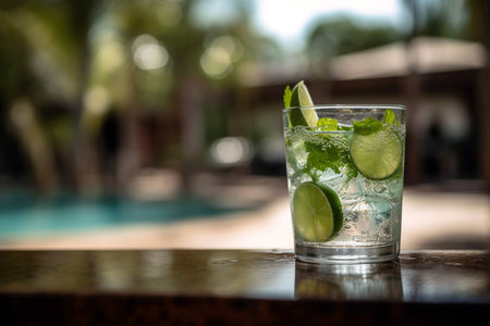 A glass of green summer refreshing lemonade drink or alcoholic cocktail with ice and lemon slices in the garden. Fresh healthy cold lime beverage. Water with lemon. AI generated imageの素材