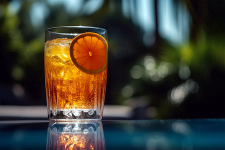A glass of green summer refreshing lemonade drink or alcoholic cocktail with ice and citrus slices in the garden. Fresh healthy cold orange beverage. Water with lemon. AI generated imageの素材