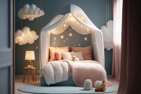 Kids bedroom in light colors. Cozy kids room interior, scandinavian nordic design with light garlands and soft pillows, tent canopy bed. Children room in evening with lights on. AI generated imageの素材