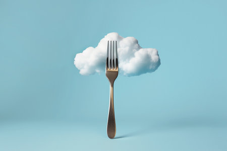 White cloud on a fork, blue background with copy space. Diet concept, hunger for information, cloud storage concept. Cloud services, healthy eating. Mock up, minimalism, Ai generatedの素材
