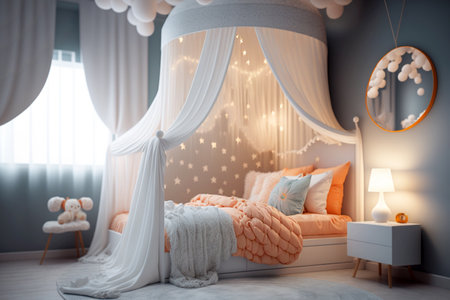 Kids bedroom in light colors. Cozy kids room interior, scandinavian nordic design with light garlands and soft pillows, tent canopy bed. Children room in evening with lights on. AI generated imageの素材