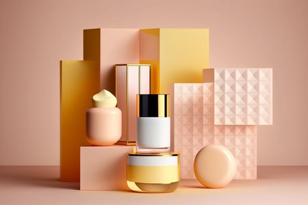 Blank cosmetic containers, mock-ups for branding and packaging presentation, beauty containers set with tonic and serum in different shapes packages. AI generated image.の素材