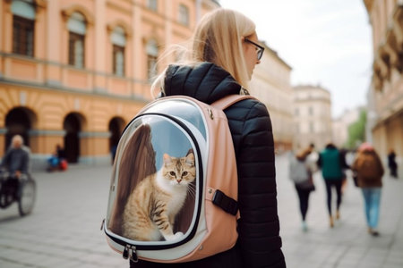 Woman carrying a cat in backpack. Cat traveling with transparent backpack carrier. Traveling with pet concept, animal adoption. AI generatedの素材