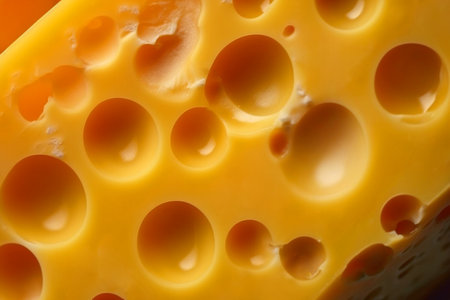 Cheese texture. Bright yellow cheese with big holes, emmental or cheddar. Food background, cheese surface closeup, AI generatedの素材