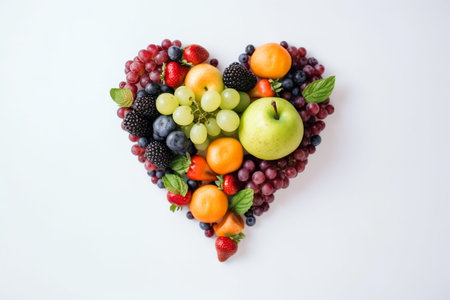 Heart shape made of different fruits and berries isolated on white background. Heart symbol. Fruit diet and healthy organic food concept. AI generatedの素材