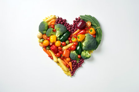 Heart shape made of different vegetables isolated on white background. Heart symbol. Vegetarian diet and healthy organic food concept. AI generated imageの素材