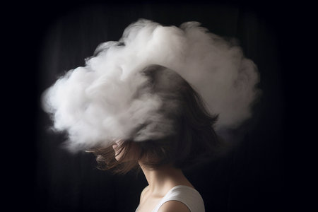 Young woman with her head in cloud. Depression, loneliness and mental health concept. Psychology theme, dreaming, having racing thoughts in mind. Concept of memory loss, dementia. Alzheimer's memory loss. AI generatedの素材