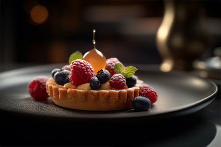 Chocolate dessert with raspberry and blueberry, cheesecake with fresh berries, nuts and caramel. Selective focus, AI generatedの素材