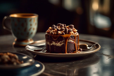 Chocolate dessert with nuts and caramel on a plate. Selective focus, AI generatedの素材