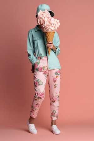 Woman holding huge ice cream, hiding her face behind it. Studio shot on pastel background, giant sweets as a diet and summertime concept, birthday party, celebration. AI generatedの素材