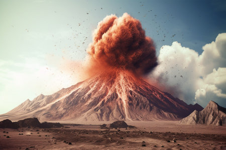 Volcano eruption. AI generated volcanic eruption with lava going downの素材