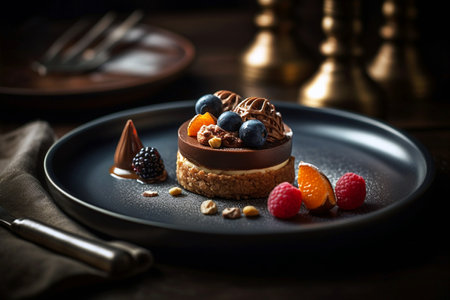 Chocolate dessert with raspberry and blueberry, cheesecake with fresh berries, nuts and caramel. Selective focus, AI generatedの素材