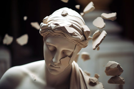 Broken ancient greek statue woman head falling in pieces. Broken marble female sculpture, cracking bust, concept of depression, memory loss, mentality loss or illness. AI generated imageの素材