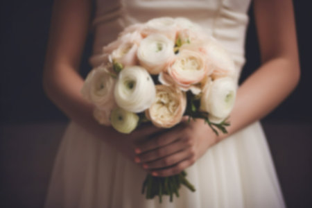 Blurred wedding day background, bride holding a wedding bouquet, copy space for text, wedding card or invitation template. AI generatedの素材