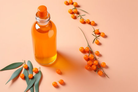 Organic sea buckthorn oil in the bottle with fresh ripe sea buckthorn berries and leaves on pastel background. Natural cosmetic and alternative medicine concept, copy space. AI generatedの素材