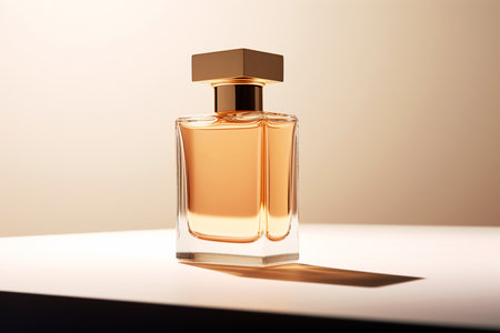 Transparent bottle of female perfume on pastel background. Fragrance presentation, daylight, trending minimal studio shot, perfumery, luxury fragrance. natural materials and shadows. AI generated image.の素材