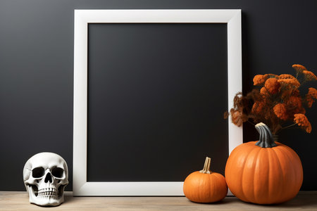 Halloween mockup, shelf with empty frame and holiday decorations. Black frame with pumpkin decor, skull and candles, copy space. AI generated imageの素材