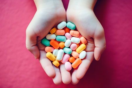 Medical pills in child's hands. Child holding pale of pills. Keep away from children reach concept. Sick child with drugs. Danger at home. Childhood diseases, vitamins for children. AI generated imageの素材
