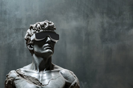 Antique marble sculpture with VR headset. Statue wearing virtual reality goggles on pastel background. Bust with VR glasses. Metaverse world exploration, VR games concept. AI generated imageの素材