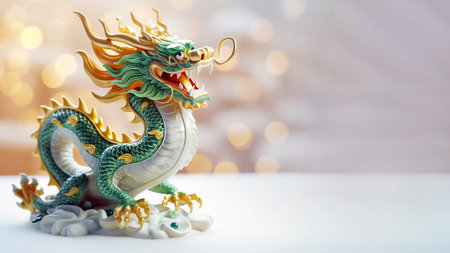 Traditional chinese dragon festive on golden bokeh background. Statuette of a green wooden dragon, 2024 New Year symbol. Chinese New Year, Christmas, winter holiday postcard. Green wooden dragon 2024の素材