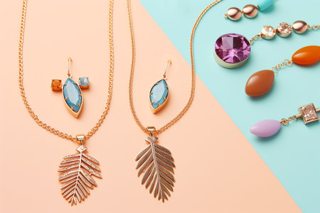 Jewelry minimal flat lay, top view on pastel background. Stylish golden bijouterie with stones and gems. Women's accessories. Sales, shopping concept.の素材