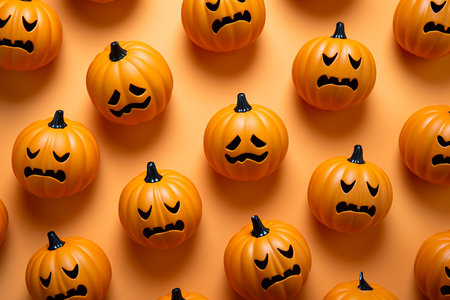 Halloween pumpkins, plastic toys on orange background. Jack-O-Lantern for Halloween celebration, Happy Halloween concept. Traditional october holiday. Autumn holiday background or greeting card.の素材