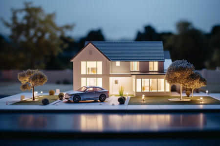 Miniature house model on table. Real estate, investment, property insurance, mortgage, home loan, and savings concept. Buying or building new home. Dream house, financial planning. AI generated imageの素材