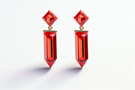 Red crystal earrings isolated on white background. Jewelry earrings with bright crystals, female accessories.の素材