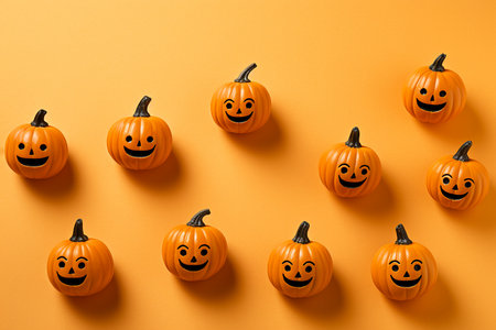 Halloween pumpkins, plastic toys on orange background. Jack-O-Lantern for Halloween celebration, Happy Halloween concept. Traditional october holiday. Autumn holiday background or greeting card.の素材