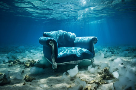Underwater armchair. mental health concept. Thinking about problems, psychology, inner world, feelings, loneliness, surreal. Safe place for thinking, diving.の素材