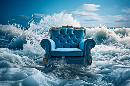 The waves are coming. Water falls on an armchair standing still on the shore. Mental health concept, safe place. Panic attack, thinking about problems, psychology, inner world, feelings, surreal.の素材