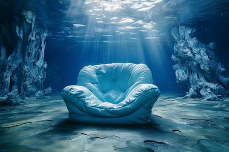 Underwater armchair. mental health concept. Thinking about problems, psychology, inner world, feelings, loneliness, surreal. Safe place for thinking, diving.の素材