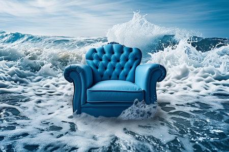 The waves are coming. Water falls on an armchair standing still on the shore. Mental health concept, safe place. Panic attack, thinking about problems, psychology, inner world, feelings, surreal.の素材