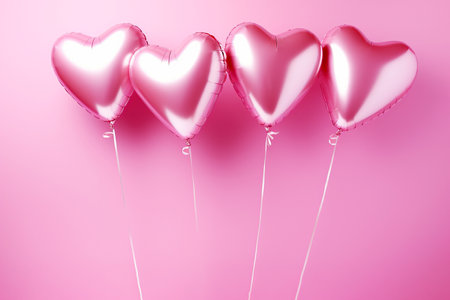 Foil air balloons on pastel pink background. Pink heart shaped helium balloons on pink background. Minimal love concept. Valentine's Day, wedding or party decoration. Metallic balloon, AI generatedの素材