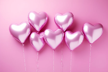 Foil air balloons on pastel pink background. Pink heart shaped helium balloons on pink background. Minimal love concept. Valentine's Day, wedding or party decoration. Metallic balloon, AI generatedの素材