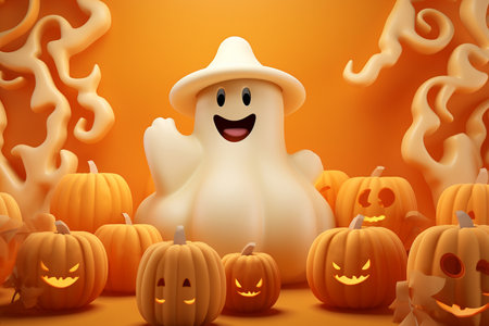 Happy Halloween ghost cartoon 3D. Greeting Halloween card with smiley little ghost and pumpkinsの素材