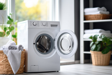 Modern washing machine in laundry room interior. Minimalist laundry room with basket and shelving. Bathroom interior.の素材