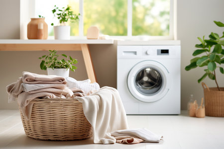 Modern washing machine in laundry room interior. Minimalist laundry room with basket and shelving. Bathroom interior.の素材