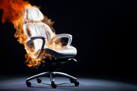 Burning office chair on black background. Burnout syndrome, deadline, burnout at work concept. Armchair on fire, symbol of stress, restless, anxiety, mental health problems, anger, panic, overworkの素材