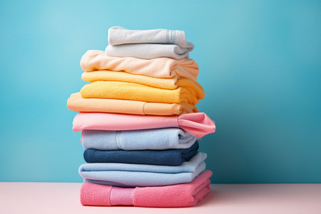 Pile of clothes ready for laundry. Stack of colorful clothes. Laundry day, fabric recycling concept. Fashion industry pollution, sustainability, up cycling, secondary clothing, reuse. Copy space.の素材