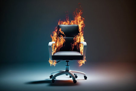Burning office chair on black background.Burnout syndrome, deadline, burnout at work concept. Armchair on fire as a symbol of stress, restless, anxiety, mental health problems, anger, panic, overworkの素材