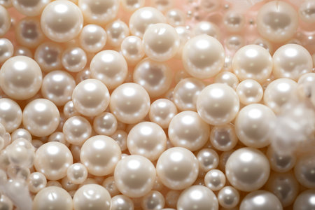 Pearls background. Pile of large white pearls closeup. Pearl texture.の素材