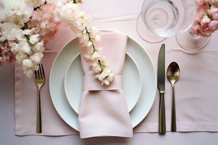 Beautiful table setting with flower decorations. Dishware, silverware and decorations on festive table, dinner table prepared for wedding or party, home table decoration.の素材