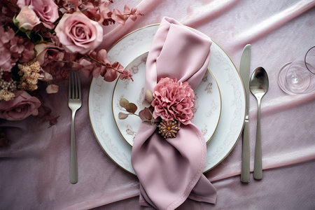 Beautiful table setting with flower decorations. Dishware, silverware and decorations on festive table, dinner table prepared for wedding or party, home table decoration.の素材